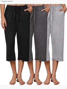 Large 3-Pack Capri Pajama Pants with Pockets, Loose Fit Lounge Bottoms